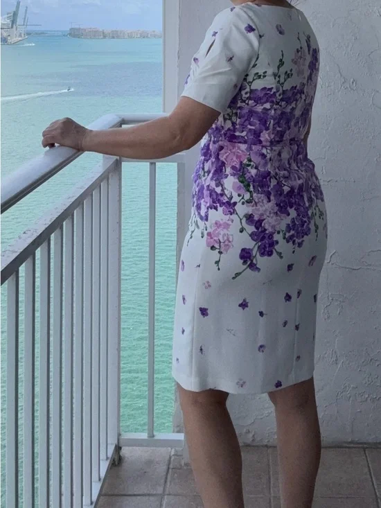 Adrianna Papell Floral Sheath Dress Size 6 White Purple Wedding Guest - Picture 4 of 7